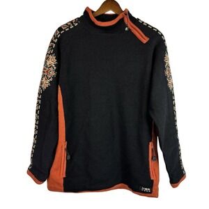 Vintage Lined Wool Sweater Apres Ski L Mockneck Fair Isle Black Zip Pockets Snow